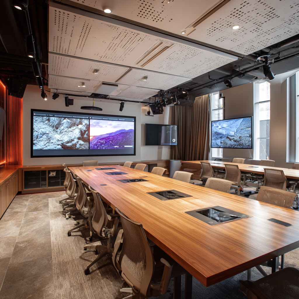 Sala multimedia corporativa con tecnología AV para reuniones y formación